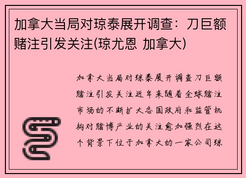 加拿大当局对琼泰展开调查：刀巨额赌注引发关注(琼尤恩 加拿大)