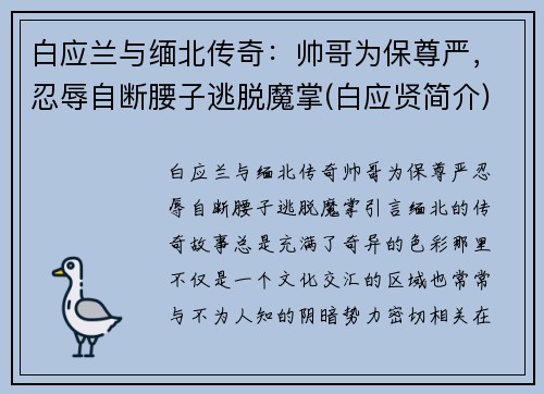 白应兰与缅北传奇：帅哥为保尊严，忍辱自断腰子逃脱魔掌(白应贤简介)