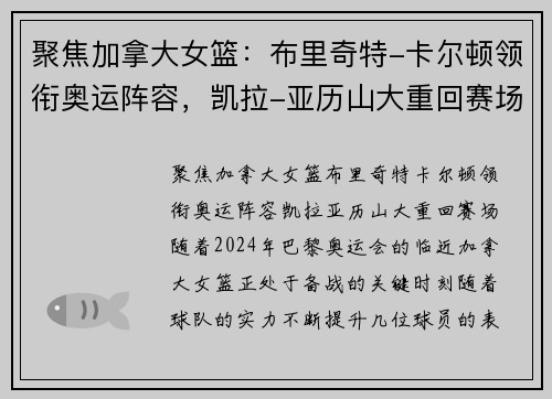 聚焦加拿大女篮：布里奇特-卡尔顿领衔奥运阵容，凯拉-亚历山大重回赛场